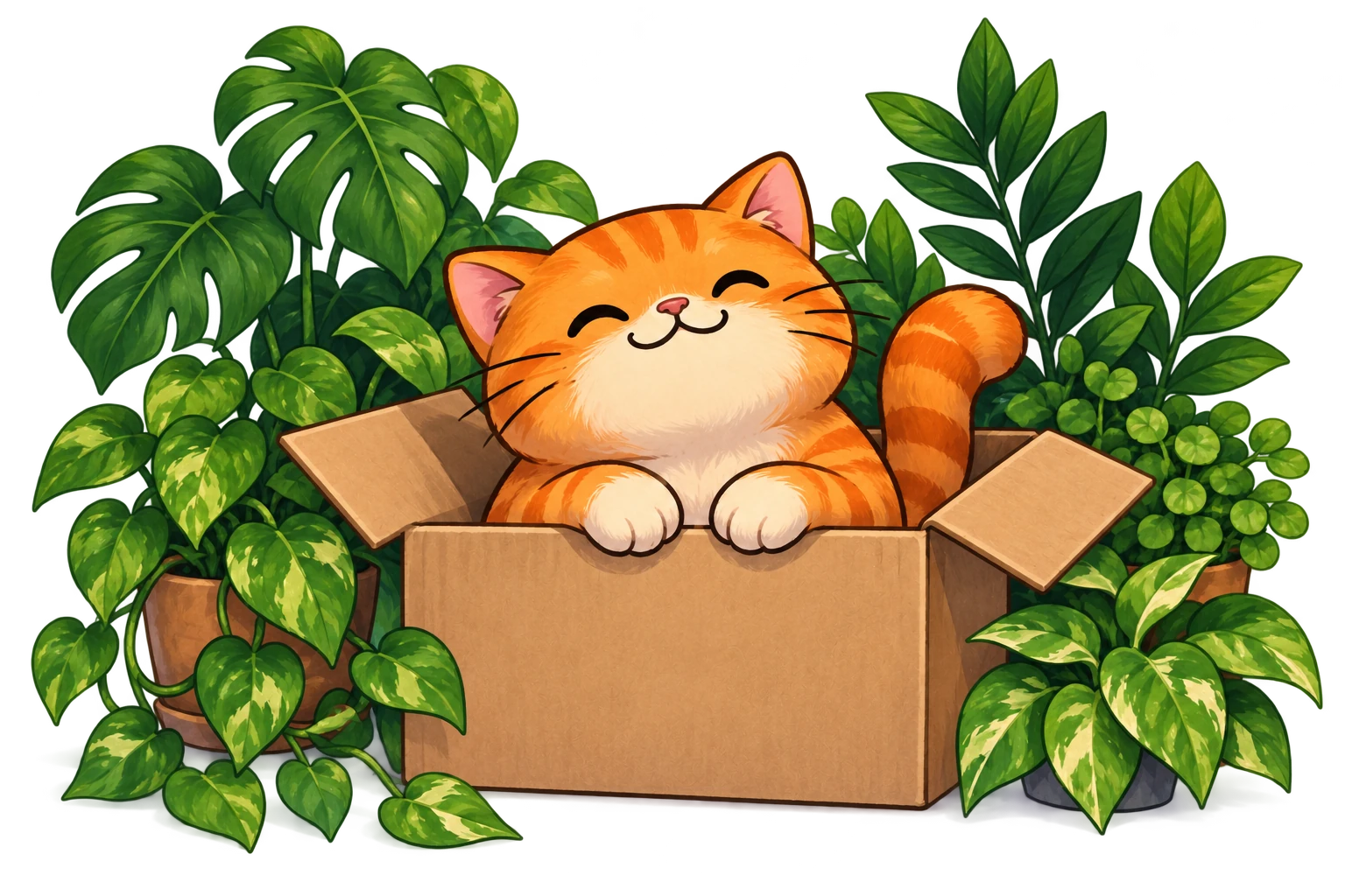 Ginger peeking out of a cardboard box surrounded by plants